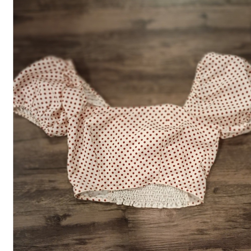 Mi Ami‎ Francescas Polka Dot Puff Sleeve Crop Top Cream Brown XS